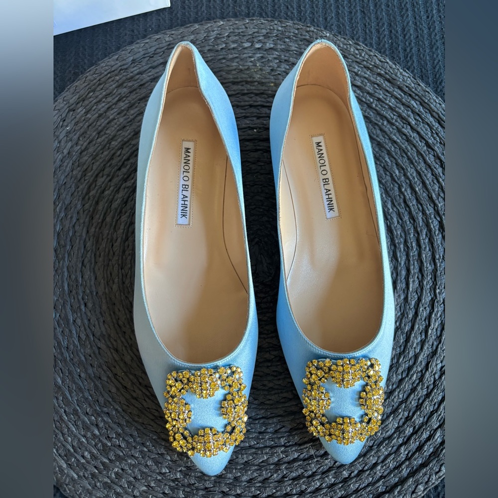 Manolo Blahnik Sky Blue Satin Hangisi Flats with Gold Detailing